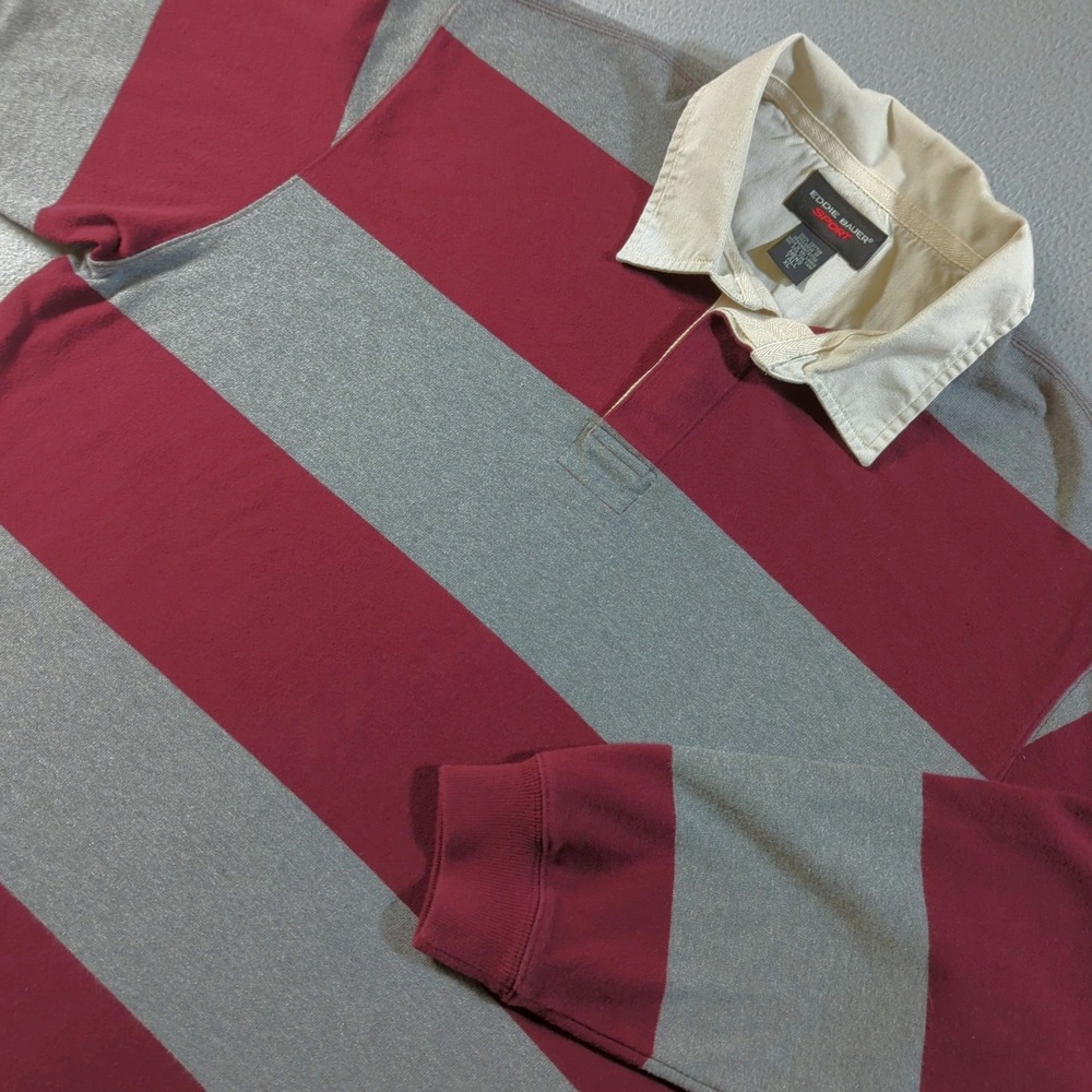 Eddie Bauer Sport Rugby Shirt Mens XL Tall Burgundy Gray Striped Vintage Y2K